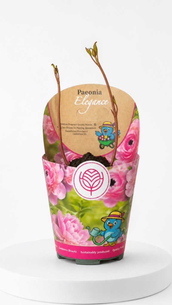 Paeonia Elegance w doniczce 11 cm z dużymi różowymi kwiatami i ciemnym środkiem na eleganckim tarasie.