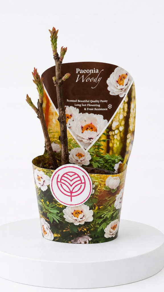 Paeonia Woody w doniczce 14 cm z dużymi kremowobiałymi kwiatami i żółtym środkiem ustawiona na jasnym tarasie.
