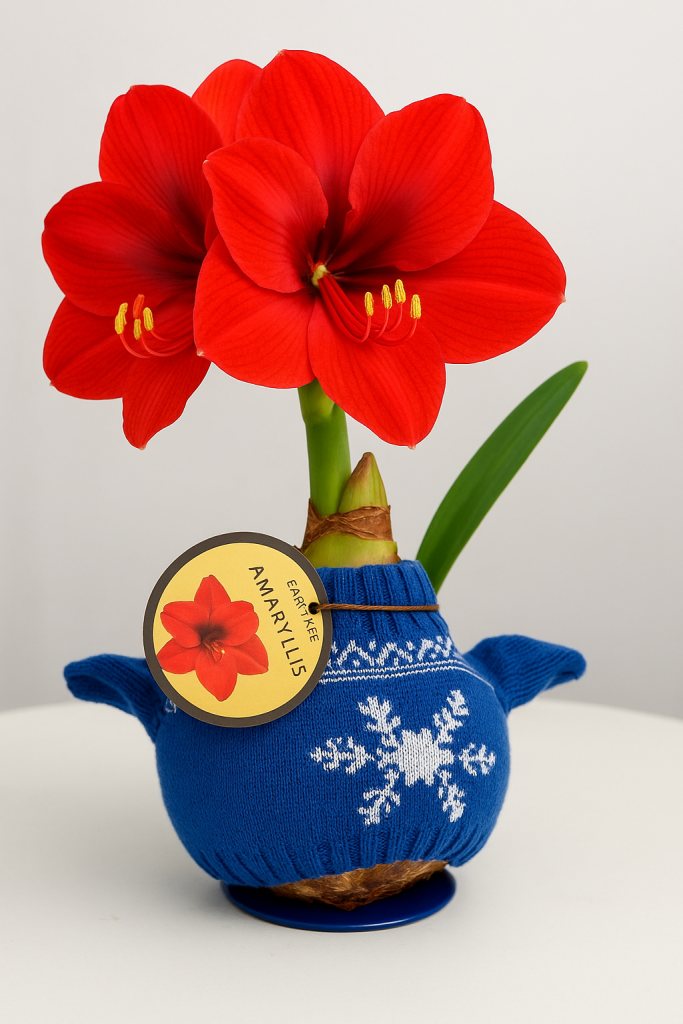 Amarylis czerwone kwiaty niebieski sweterek