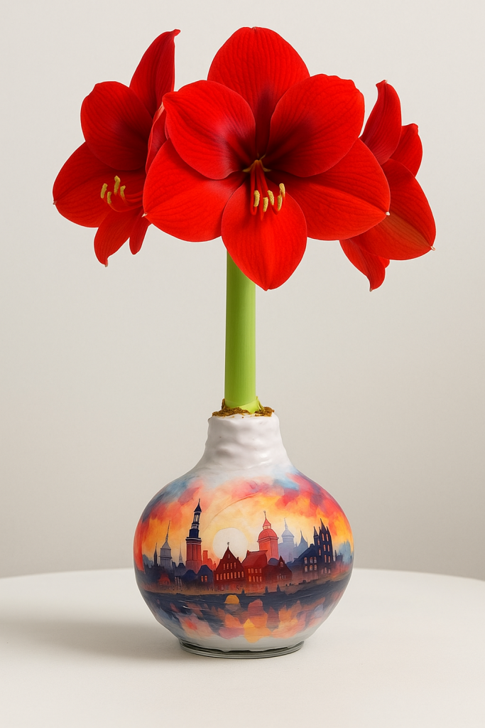 Amarylis czerwony w wosku z widokiem miasta