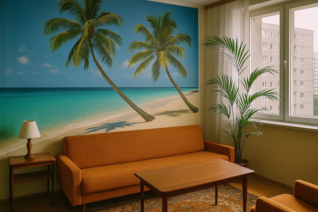 Salon z lat 90. w Polsce z dużą fototapetą przedstawiającą tropikalną plażę z palmami, pomarańczową kanapą, stolikiem kawowym i wysoką palmą Areca stojącą przy oknie z widokiem na blokowisko.
