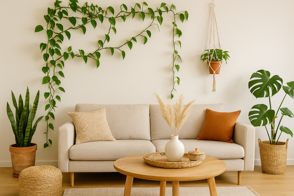 Salon w stylu boho z jasną sofą, stolikiem z naturalnego drewna, wiszącym epipremnum w makramie i pnączami oplatającymi ścianę, uzupełniony o sansewierię i monsterę w plecionych osłonkach.