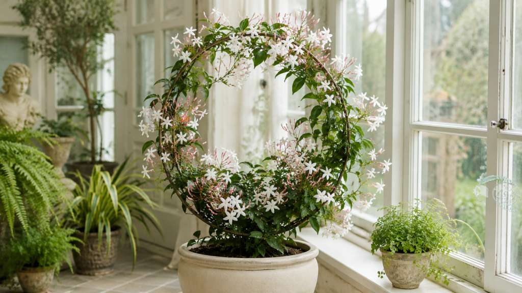 Kwitnący jaśmin wielokwiatowy Jasminum polyanthum prowadzony na obręczy w jasnej oranżerii.