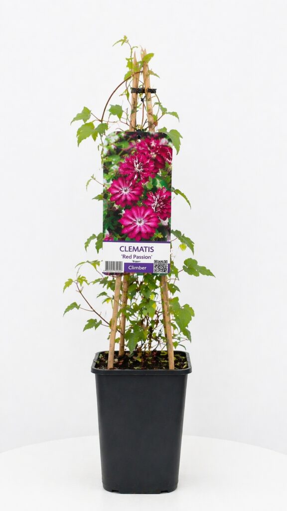 Clematis Red Passion to powojnik wielkokwiatowy o pełnych kwiatach w intensywnym odcieniu czerwieni z różowym tonem i jaśniejszym środkiem. Clematis Red Passion to efektowne pnącze ogrodowe, które wyróżnia się dekoracyjnym, warstwowym kwiatem i długim okresem kwitnienia.