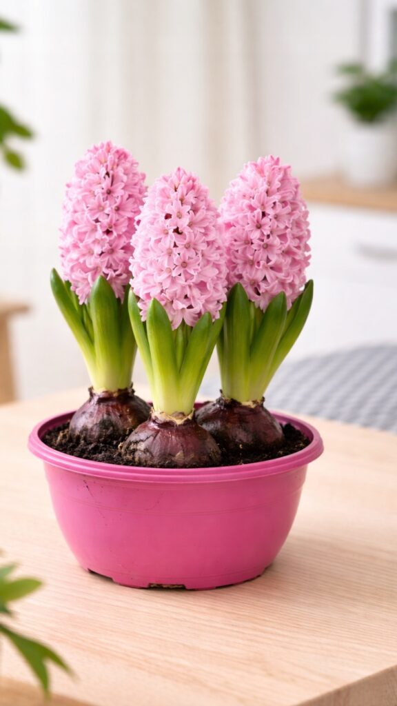 Hiacynt różowy Hyacinthus Pink – roślina cebulowa o różowych kwiatach w doniczce, wysokość 14–20 cm.
