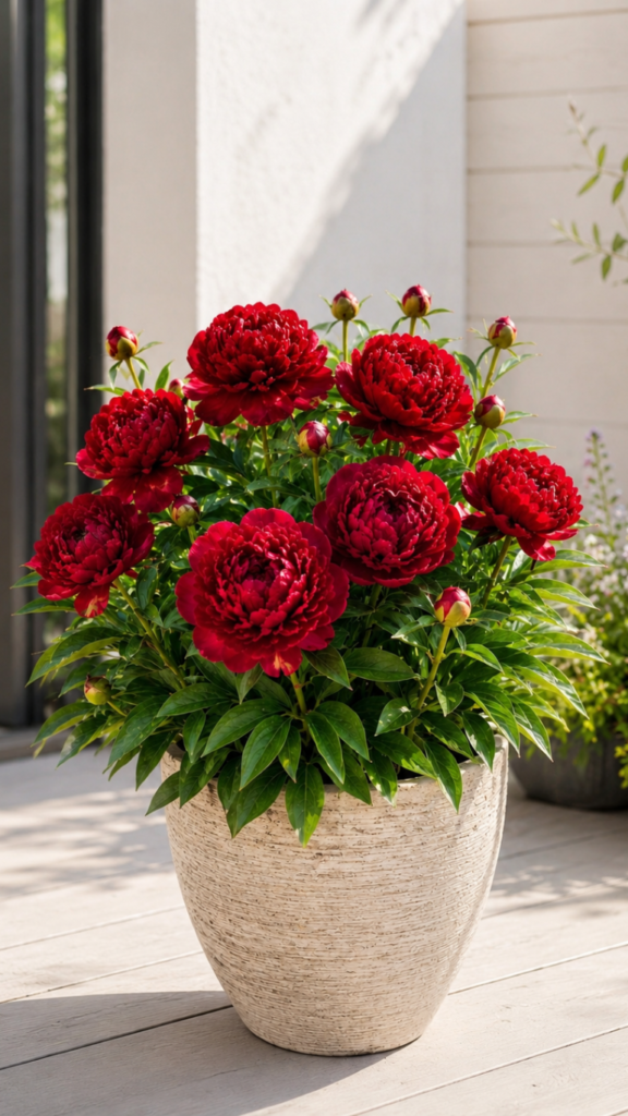 Peonia Elegance w doniczce 14 cm z czerwonymi, pełnymi kwiatami ustawiona na jasnym tarasie w dekoracyjnej donicy.