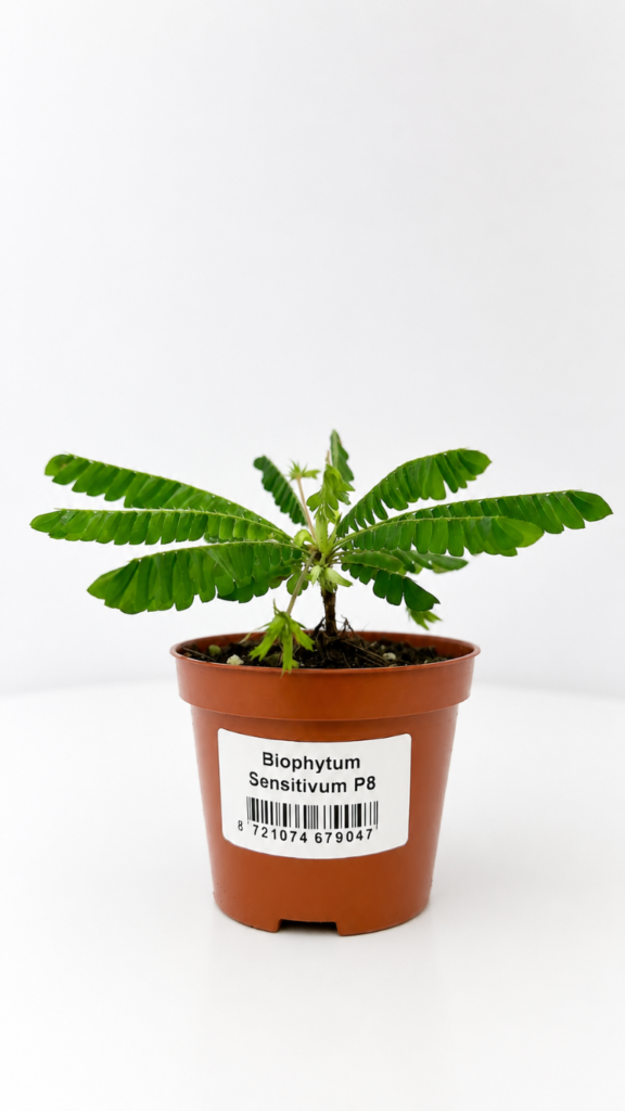 Biophytum sensitivum w doniczce – egzotyczna roślina reagująca na dotyk o dekoracyjnych pierzastych liściach.