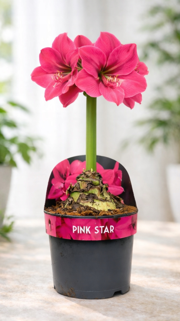 Amarylis Pink Star w doniczce, duża cebula i różowy kwiat hippeastrum, dekoracyjna roślina do wnętrz