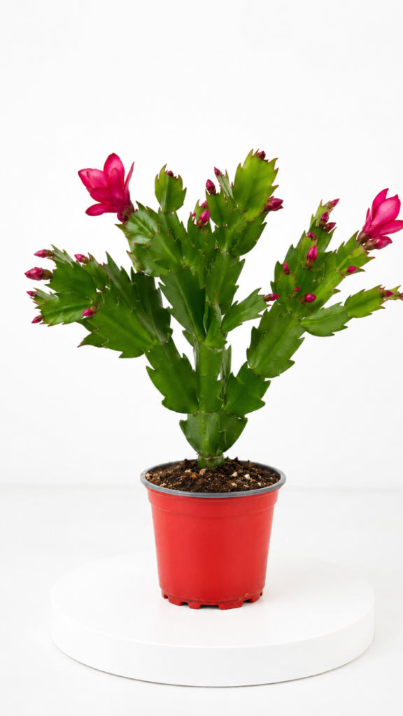 Schlumbergera Flame Purple z bordowymi pąkami w doniczce 9 cm