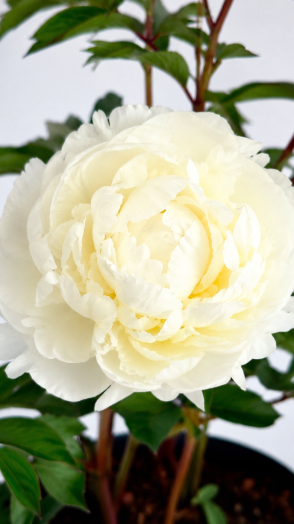 Piwonia Duchesse de Nemours o biało-kremowym kwiecie w doniczce 11 cm