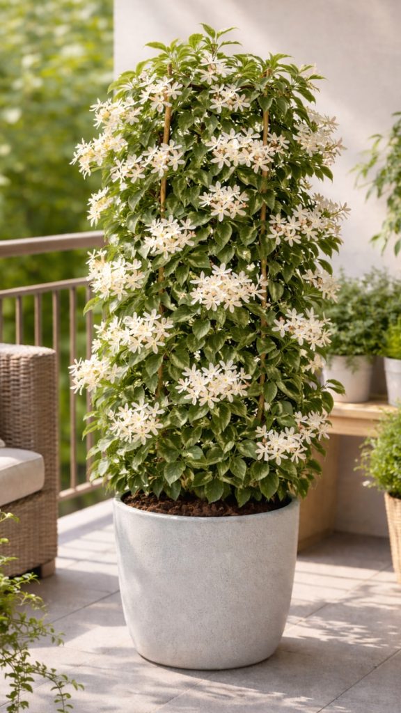 Trachelospermum jasminoides Star of Ibiza to wyjątkowy jaśmin pnący o błyszczących, zimozielonych liściach i kremowobiałych, intensywnie pachnących kwiatach. Trachelospermum jasminoides Star of Ibiza wprowadza do przestrzeni śródziemnomorski klimat – lekkość, światło i zapach letnich wieczorów.