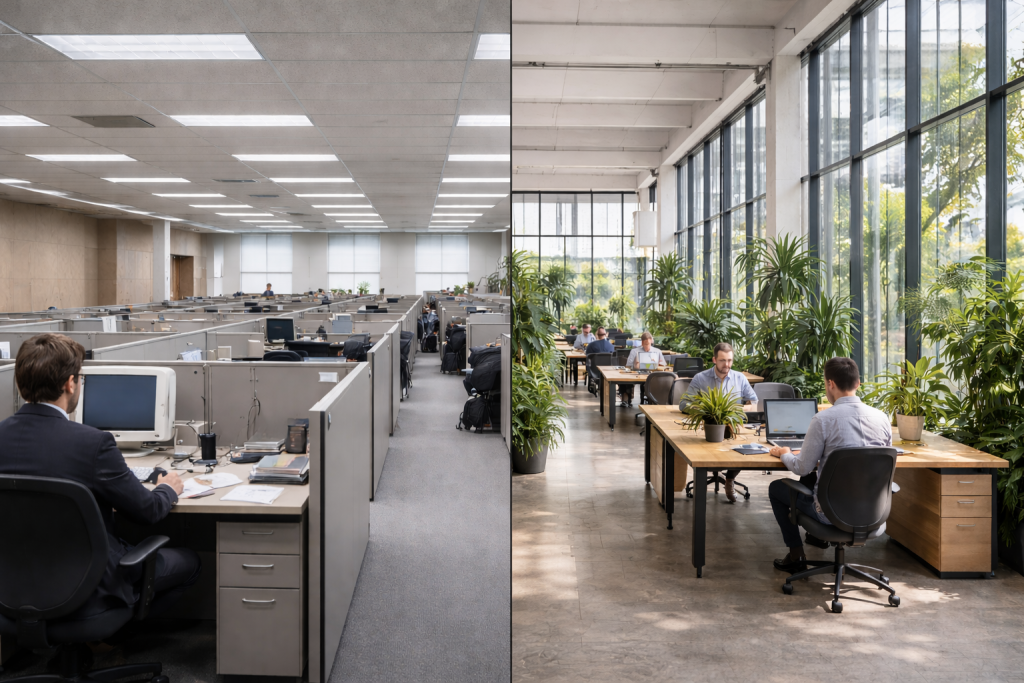 Porównanie dwóch biur: po lewej stronie surowe biuro z lat 70. bez roślin, po prawej nowoczesna przestrzeń pracy z umiarkowaną ilością zieleni i dużym dostępem światła dziennego.